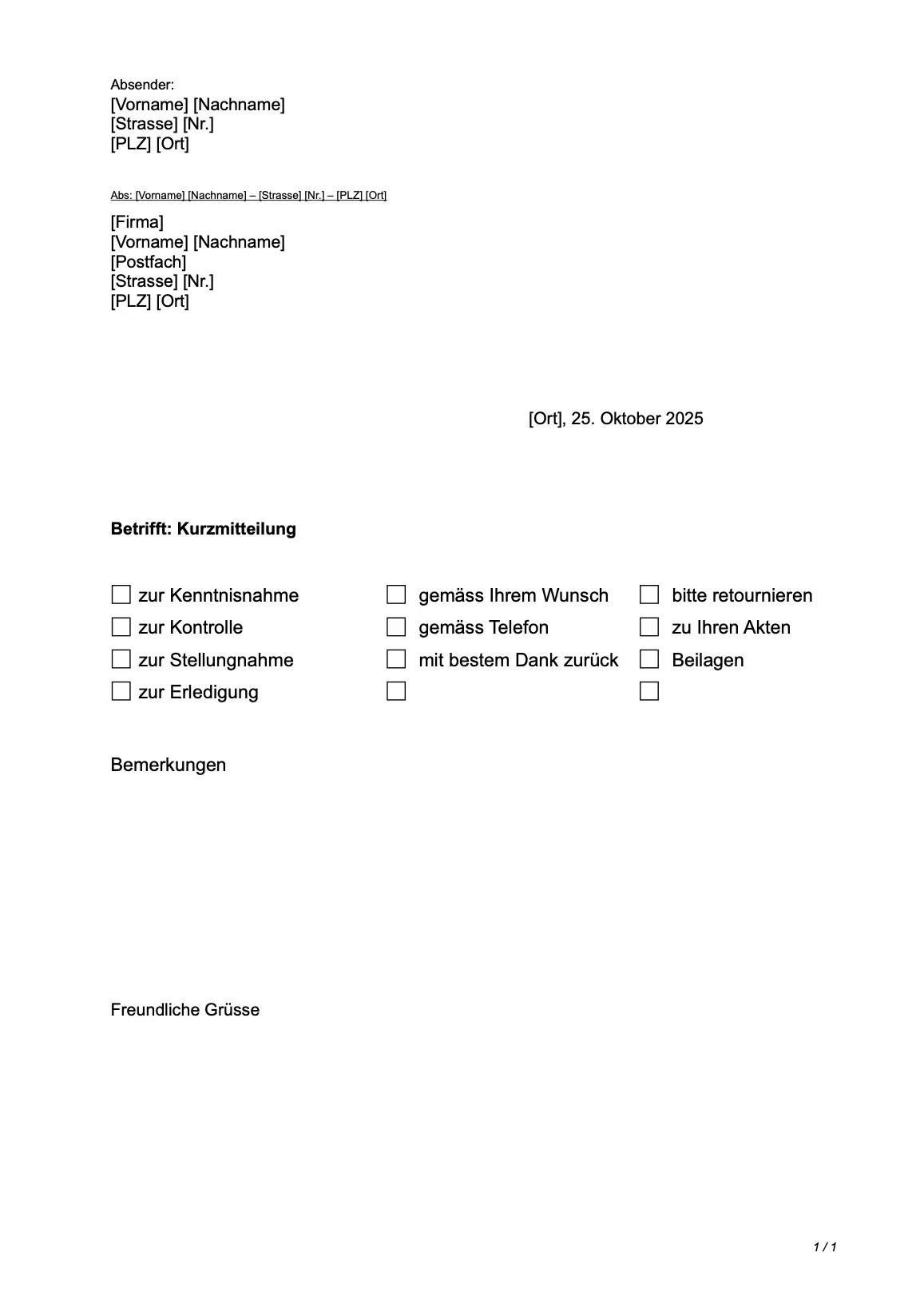 Download Kurzbrief-Vorlage Kurzbrief-Vorlage und Begleitbrief