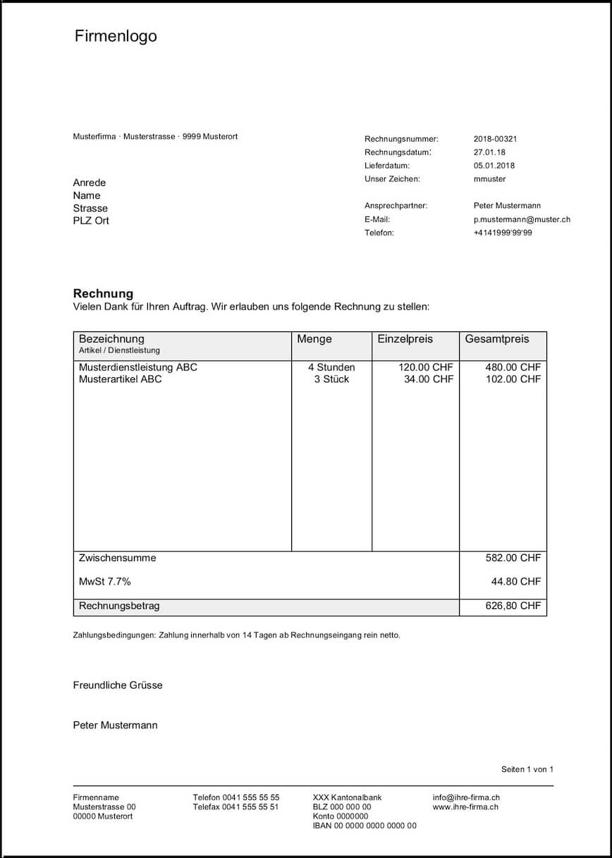 Rechnungsvorlage Schweiz Im Word Excel Format Kostenlos