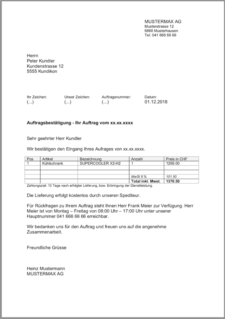 Briefvorlage Schweiz Adresse Rechts