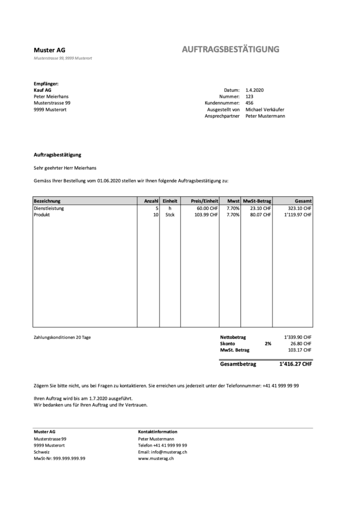 Rechnungsvorlage Schweiz im Word & Excel-Format kostenlos