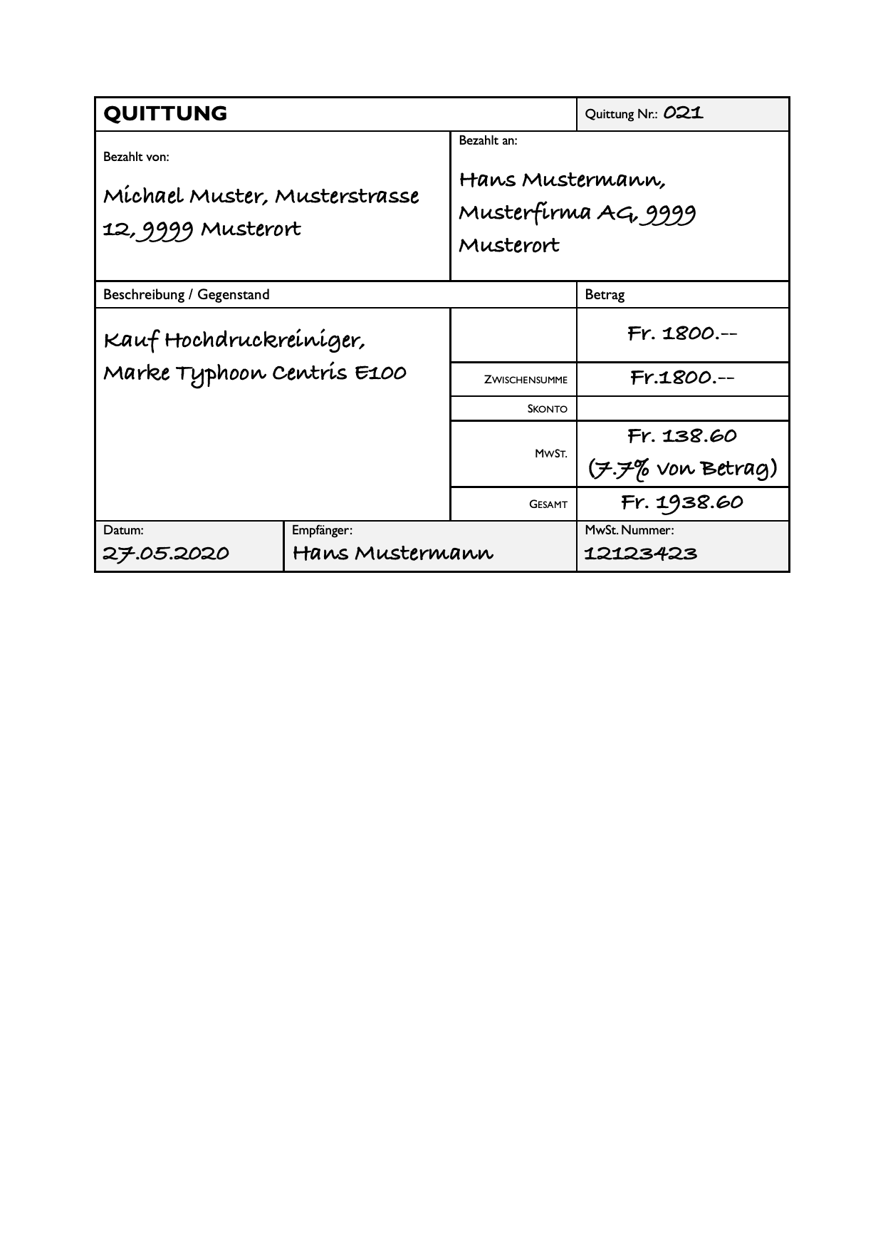 Quittung Vorlage Schweiz