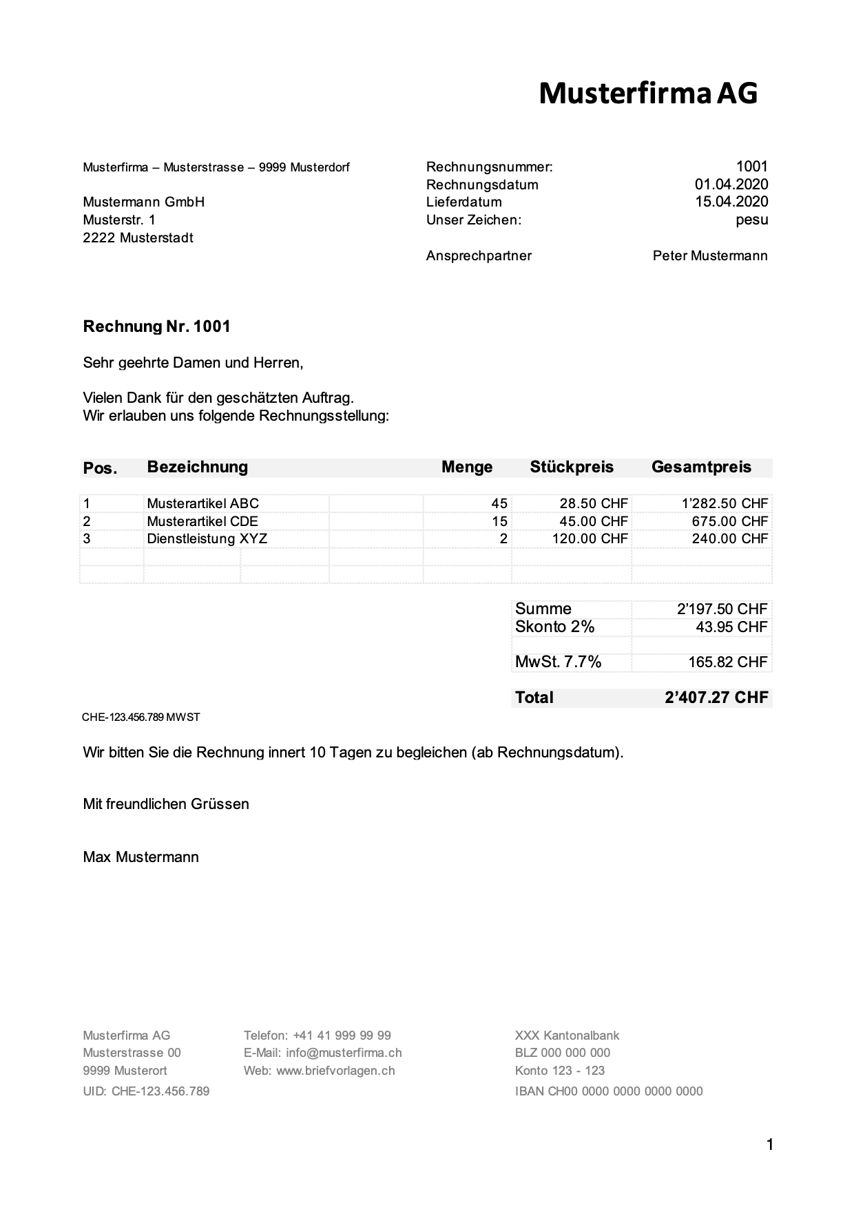 Rechnungsvorlage Schweiz Im Word Excel Format Kostenlos