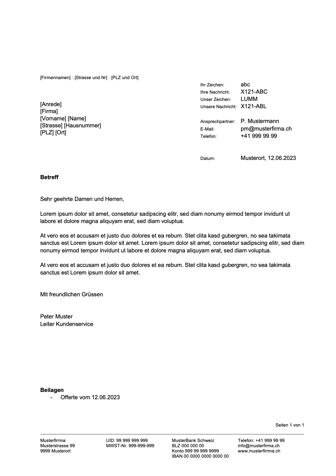 Geschäftsbrief Vorlage Schweiz