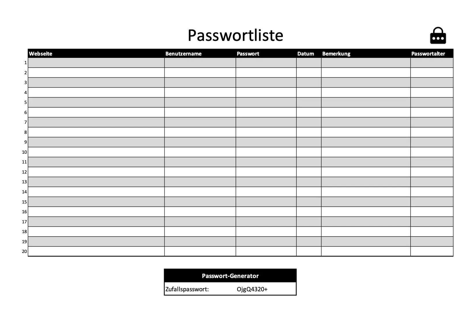 Passwortliste Excel