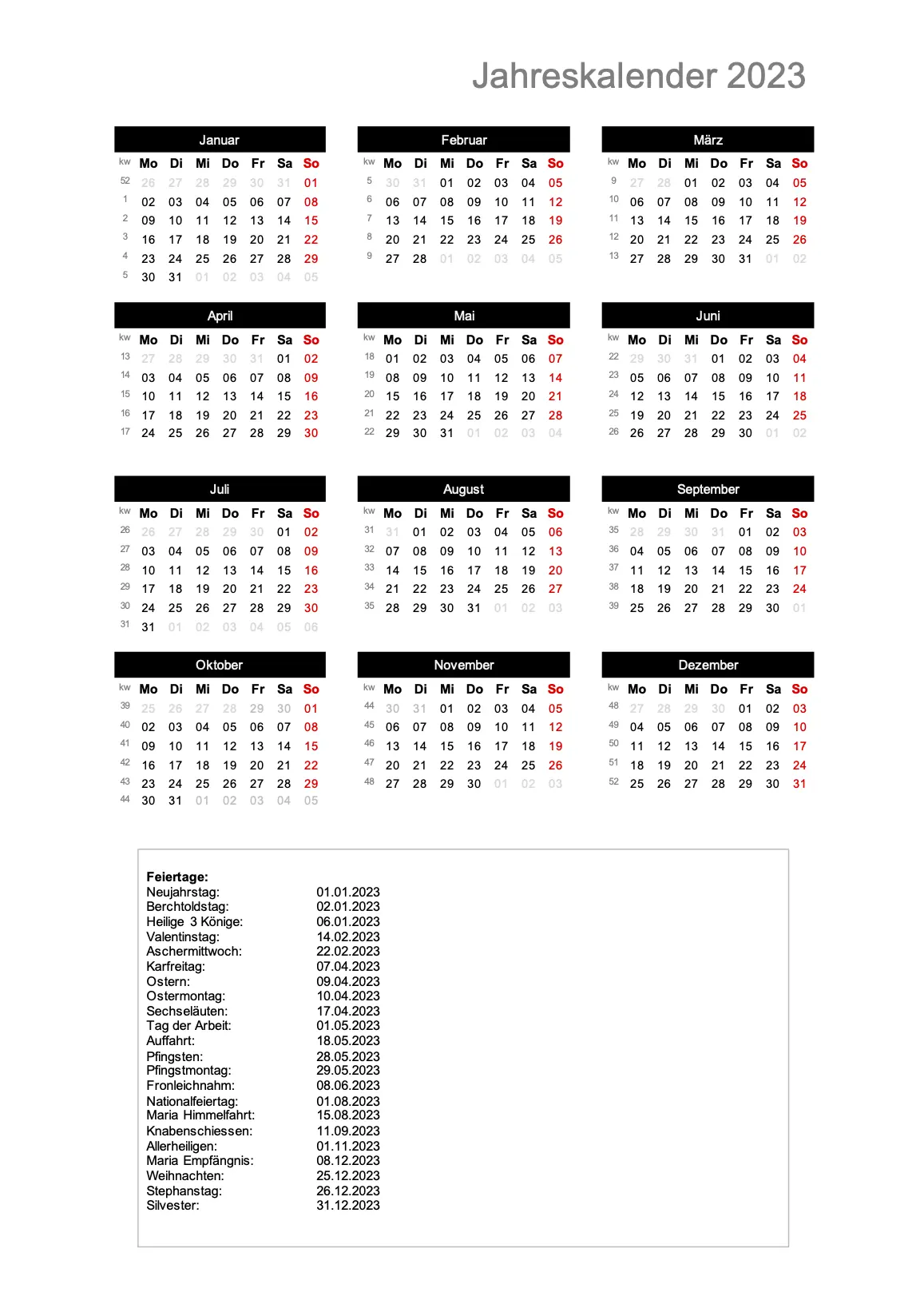 Jahreskalender 2023 im Hochformat