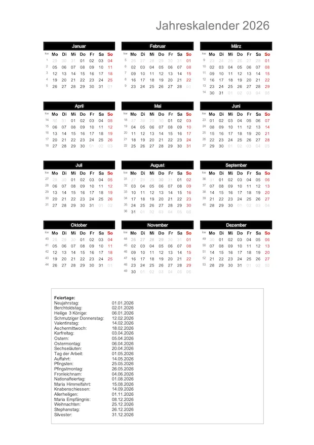 Jahreskalender 2026 im Hochformat