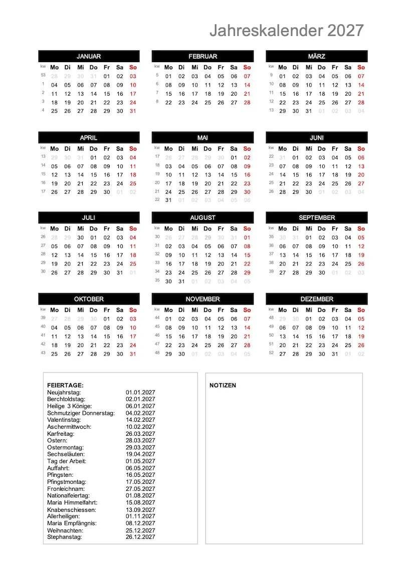 Jahreskalender 2027 im Hochformat