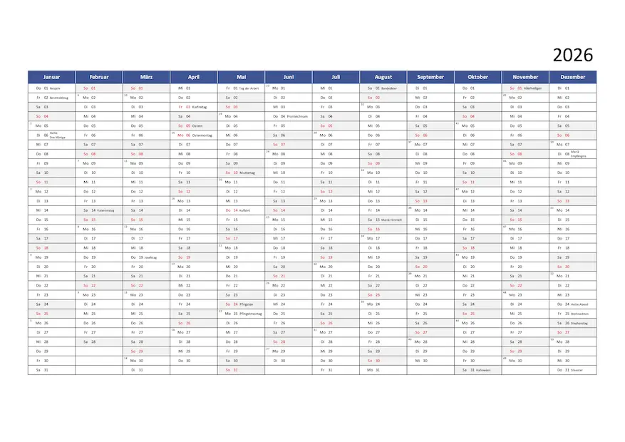 Jahreskalender 2026 zum Ausdrucken