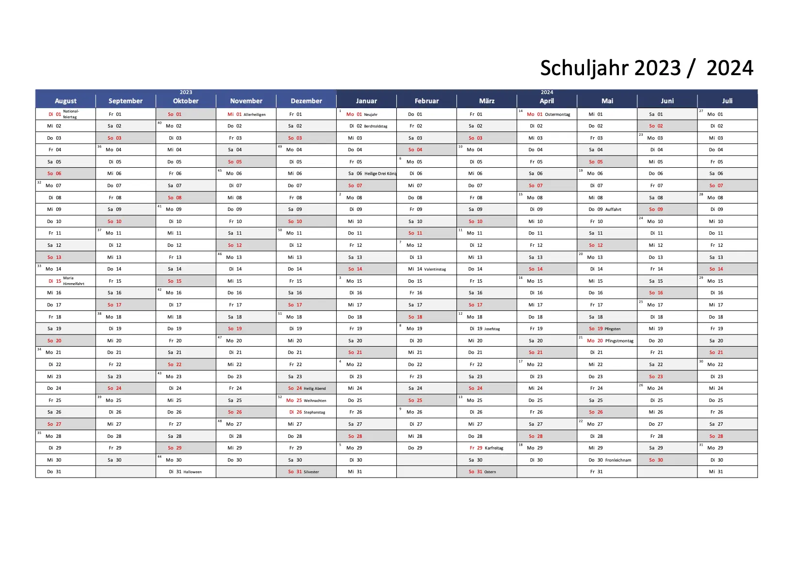 Kalender Schuljahr 2023 - 2024