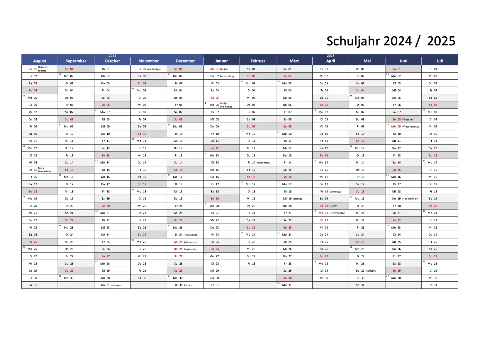 Kalender Schuljahr 2024 - 2025