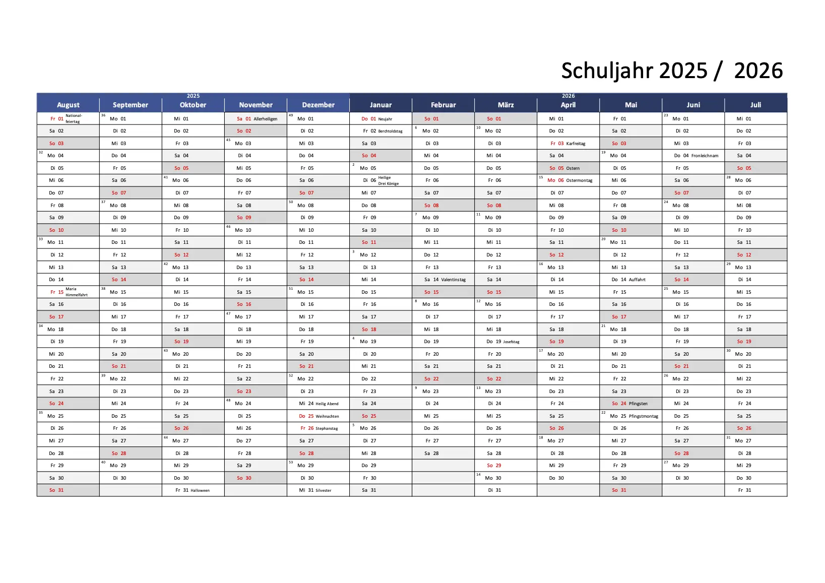 Kalender Schuljahr 2025 - 2026