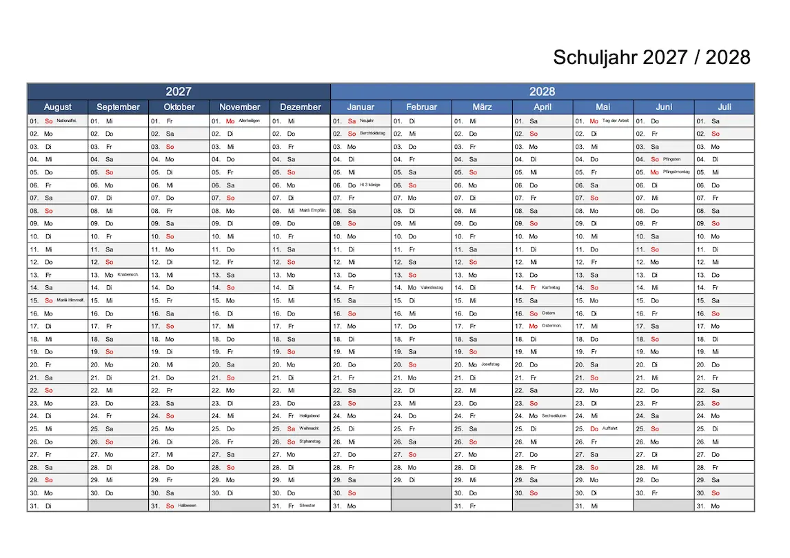 Kalender Schuljahr 2027 - 2028 zum Ausdrucken
