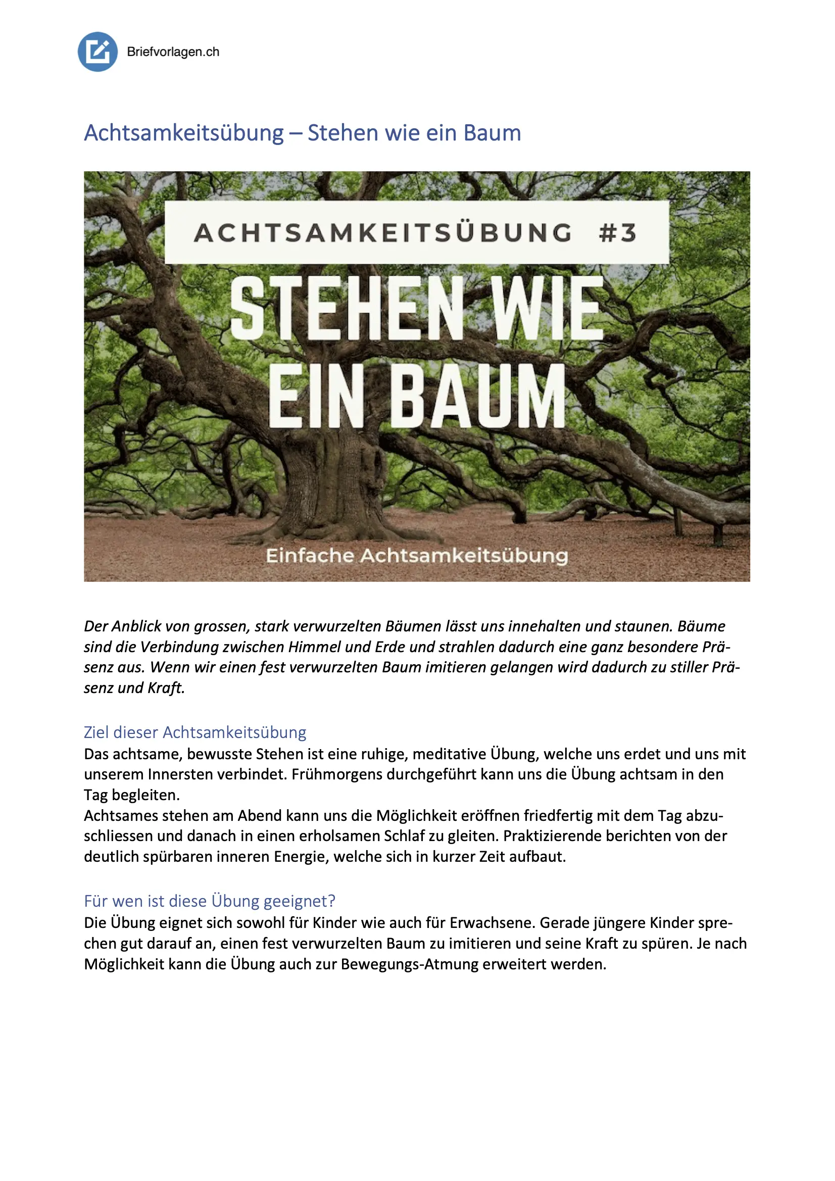 Achtsamkeitsübungen: Achtsamkeitsübung 2 - Stehe wie ein Baum
