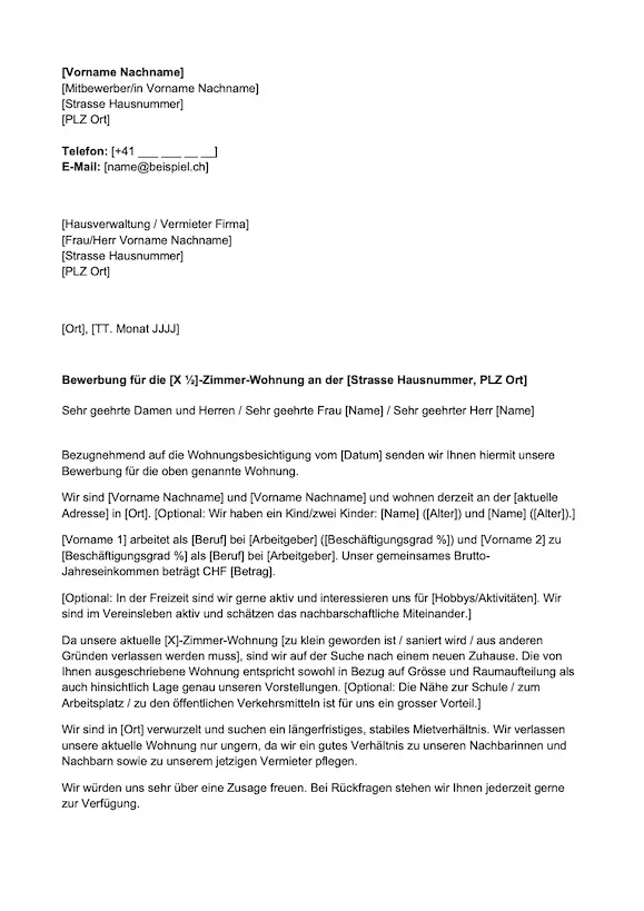 Wohnungsbewerbung Vorlage Schweiz